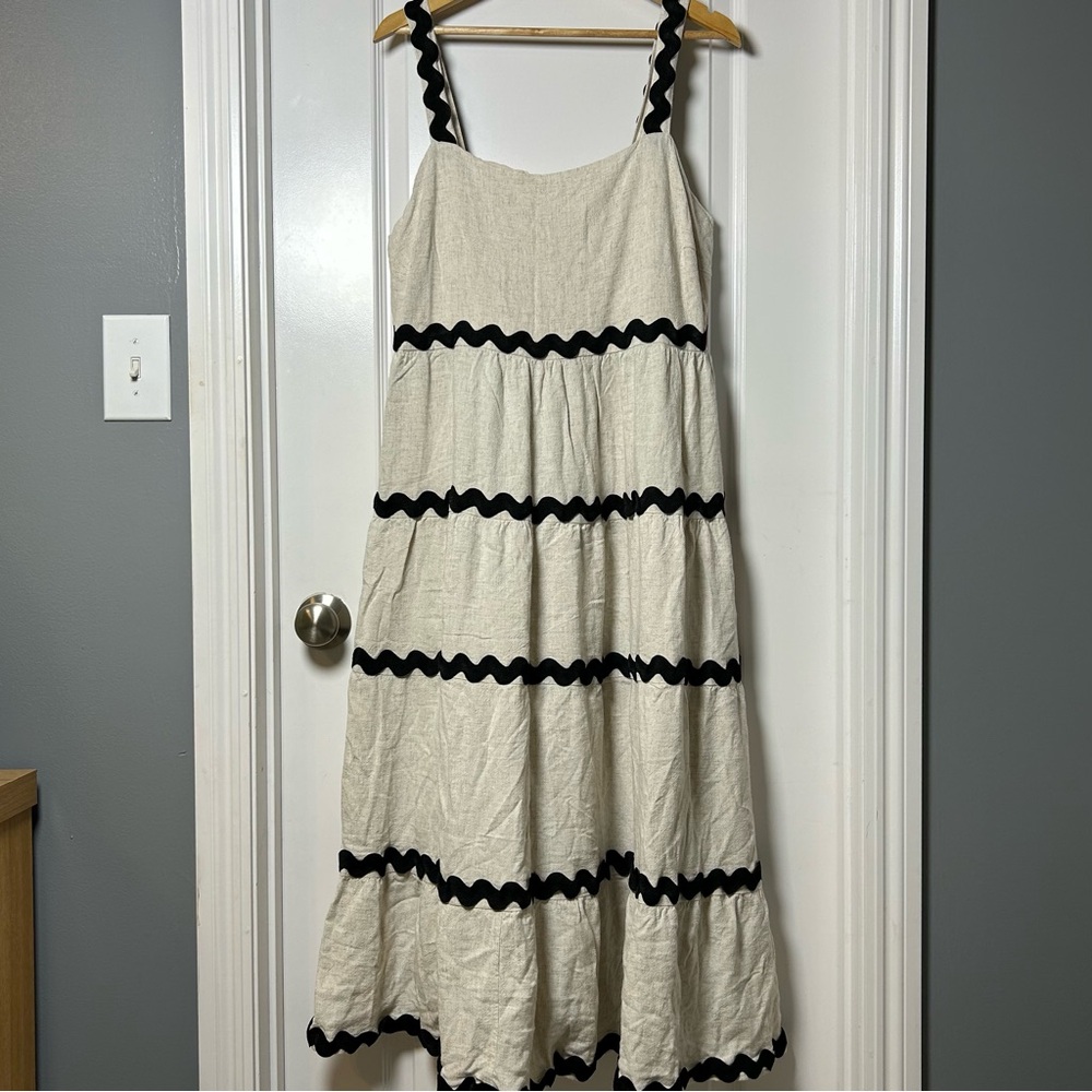 You & All Beige Maxi Sleeveless Ric Rac Tiered Linen‎ Blend Dress Coastal Style